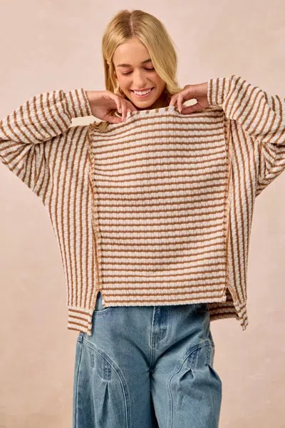 Truedames Open Seam Detail Textured Stripe Knit Top In Brown