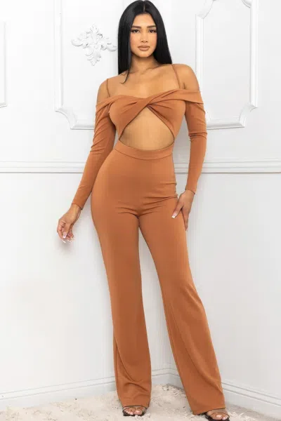 Truedames Open Shoulder Cutout Detail Jumpsuit In Brown