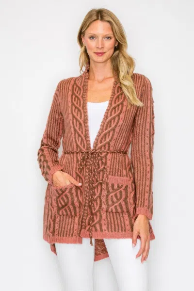 Truedames Open Wool Cardigan With Belt String & Front Pocket In Brown