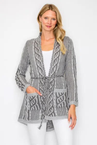 Truedames Open Wool Cardigan With Belt String & Front Pocket In Gray