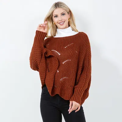 Truedames Openwork Loose Knit Batwing Sweater In Brown