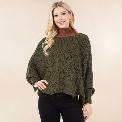 Truedames Openwork Loose Knit Batwing Sweater In Green