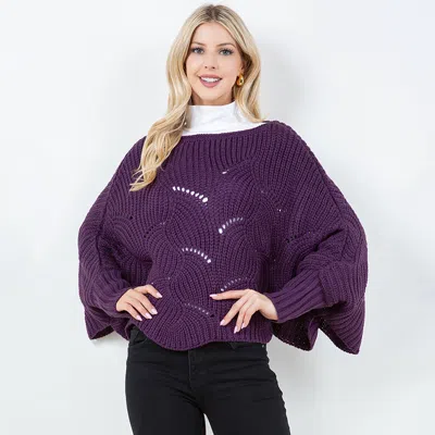 Truedames Openwork Loose Knit Batwing Sweater In Purple