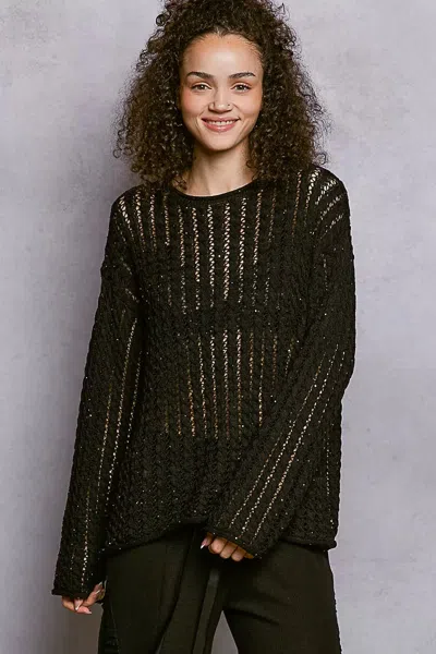 Truedames Openwork Round Neck Knit Top With Shiny Detail In Black