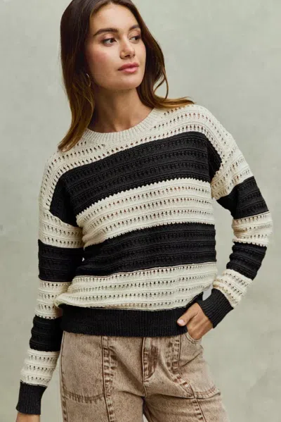 Truedames Openwork Round Neck Wide Stripe Textured Sweater In Beige