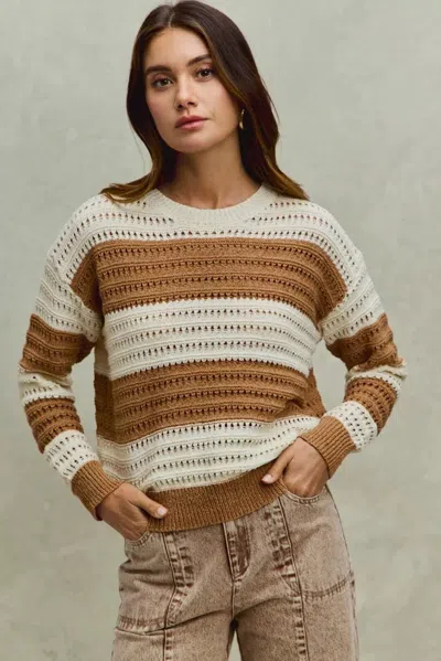 Truedames Openwork Round Neck Wide Stripe Textured Sweater In Brown