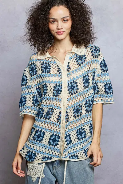 Truedames Openwork Short Sleeve Crochet Shirt With Border Accents In Multi