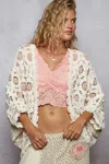 Truedames Openwork V-neck Chenille Cardigan With Contrast Floral In Multi