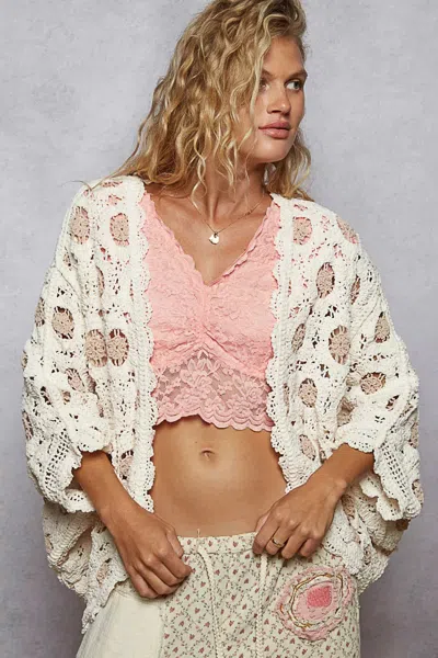 Truedames Openwork V-neck Chenille Cardigan With Contrast Floral In Multi