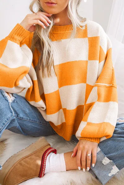 Truedames Orange Checkered Bishop Sleeve Sweater
