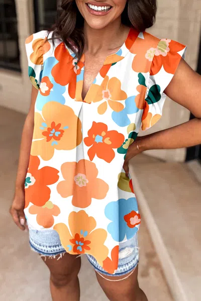 Truedames Orange Floral Notched V Neck Ruffled Sleeve Blouse