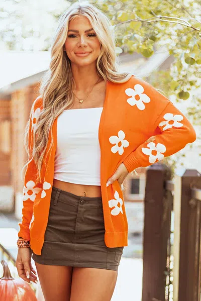 Truedames Orange Floral Print Knitted Open Front Loose Cardigan
