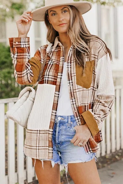 Truedames Orange Plaid Color Block Patchwork Shirt Jacket With Pocket In Beige