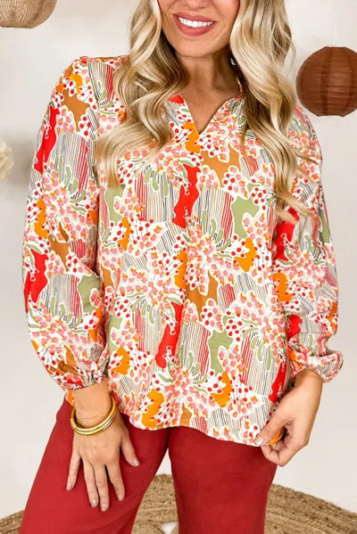 Truedames Orange Printed Split V Neck Puff Sleeve Blouse In Multi