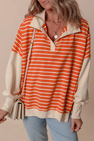 Truedames Orange Stripe Color Block Loose Fit Collared Drop Shoulder Sweatshirt In Multi