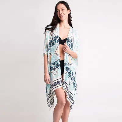 Truedames Oriental Print Kimono Poncho In Green