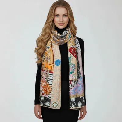 Truedames Ornate Elephant Motif Printed Oblong Silky Satin Scarf Shawl In Multi