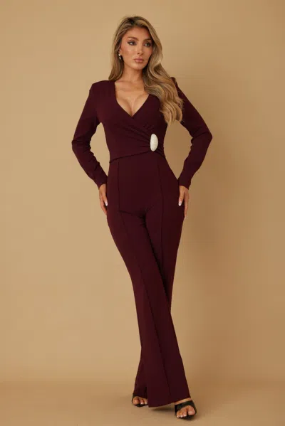 Truedames Oval Crystal Stone Wrap Jumpsuit In Burgundy