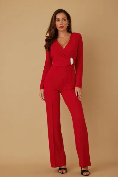 Truedames Oval Crystal Stone Wrap Jumpsuit In Red
