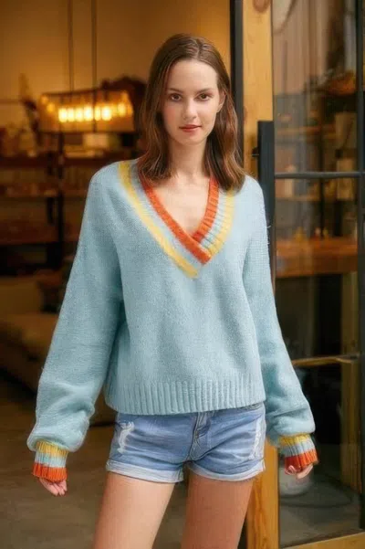 Truedames Overlap V Neck Sweater In Blue