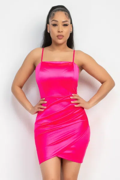 Truedames Overlapping Hem Shirred Satin Dress In Pink