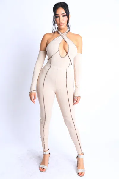 Truedames Overlock Detailed Cross Halter Keyhole Neck Off Shoulder Set In Beige