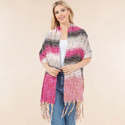 Truedames Oversized Cozy Fringed Hem Textured Woven Color Block Scarf In Pink