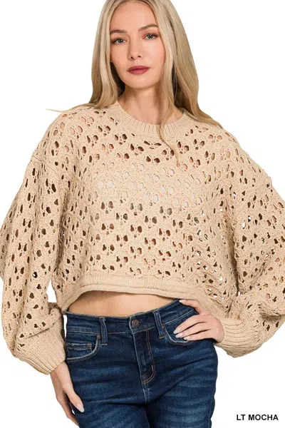 Truedames Oversized Cropped Crochet Knit Sweater In Brown