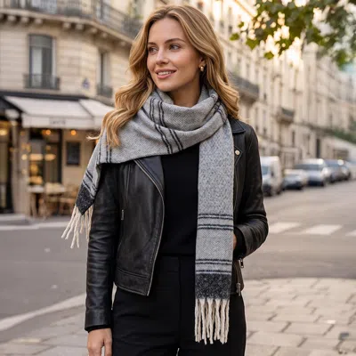 Truedames Oversized Herringbone Accent Color-flecked Stripes Fringe Winter Scarf In Grey