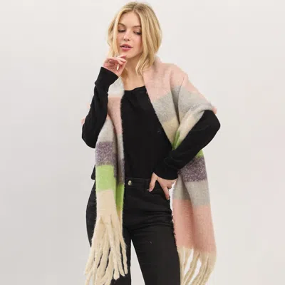 Truedames Oversized Multi Color Striped Soft Brushed Knit Fringe Scarf In Pink