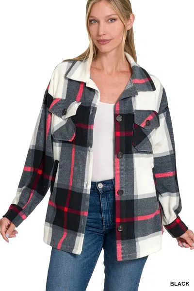 Truedames Oversized Plaid Fleece Shacket In Black