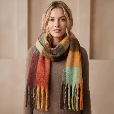 Truedames Oversized Soft Fringe Plaid Oblog Winter Scarf In Orange