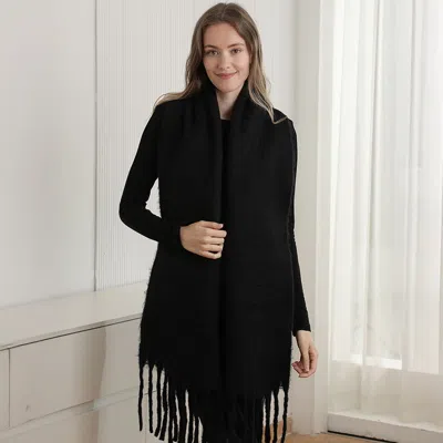 Truedames Oversized Solid Color Long Fringed Oblong Winter Scarf In Black