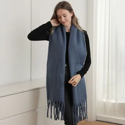 Truedames Oversized Solid Color Long Fringed Oblong Winter Scarf In Blue