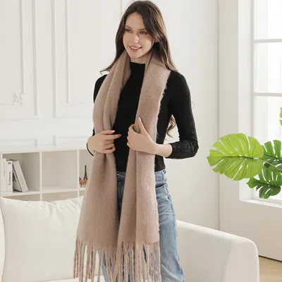 Truedames Oversized Solid Color Long Fringed Oblong Winter Scarf In Neutral