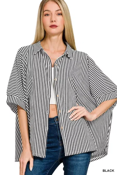 Truedames Oversized Stripe Button Down Shirt In Black