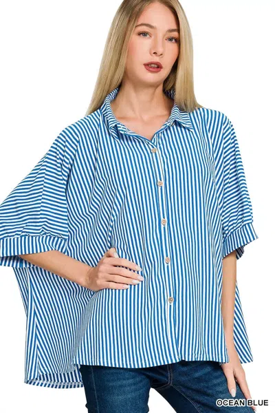 Truedames Oversized Stripe Button Down Shirt In Blue