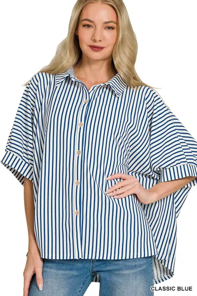 Truedames Oversized Stripe Button Down Shirt In Blue