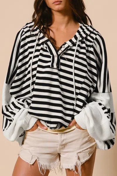 Truedames Oversized Striped Henley Buttons Dolman Sleeve Hooded Top In Black