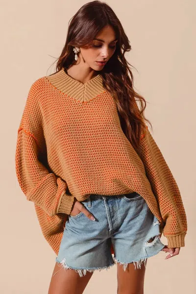 Truedames Oversized Two Tone Textured V Neck Sweater In Orange