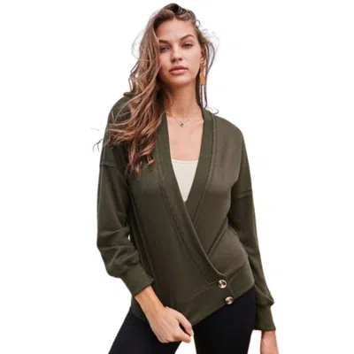 Truedames Overwrap Front Button Detail Long Sleeve Knit Top In Green