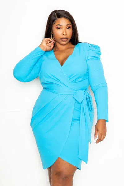 Truedames Padded Shoulder Wrap Midi Dress In Blue