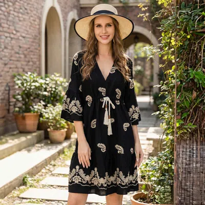 Truedames Paisley Embroidered Boho Mini Dress In Black