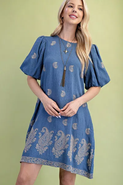 Truedames Paisley Embroidered Round Neck Mini Dress With Short Puff Sleeves In Blue