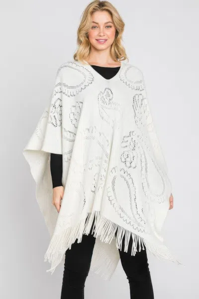 Truedames Paisley Pattern Fringe Poncho In White