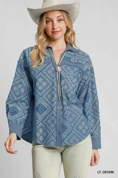 Truedames Paisley Print Denim Shirt Jacket In Blue