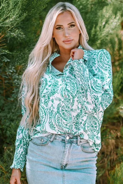 Truedames Paisley Print Smocked Cuff Buttoned Loose Shirt In Green