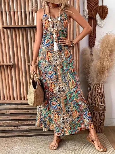 Truedames Paisley Print V-neck Maxi Dress In Blue