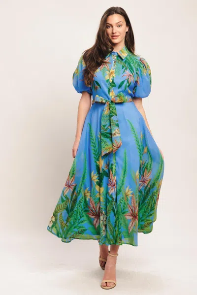 Truedames Palm Serenade Blue Woven Midi Dress In Multi