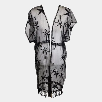 Truedames Palm Tree Accented Tassel Cover Up Kimono Poncho In Black
